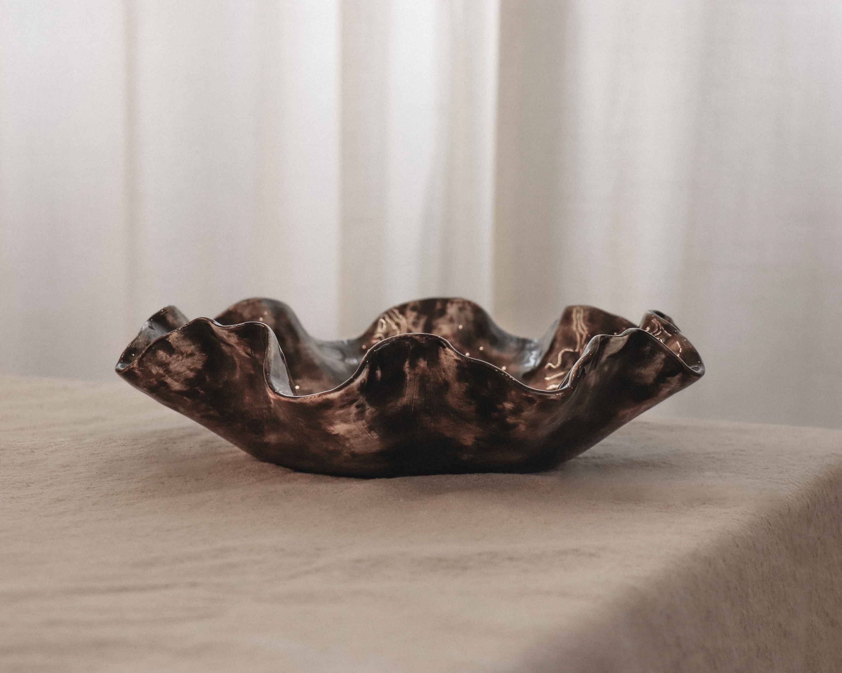 Sculptural Serving Bowl with Irregular Edges in Espresso