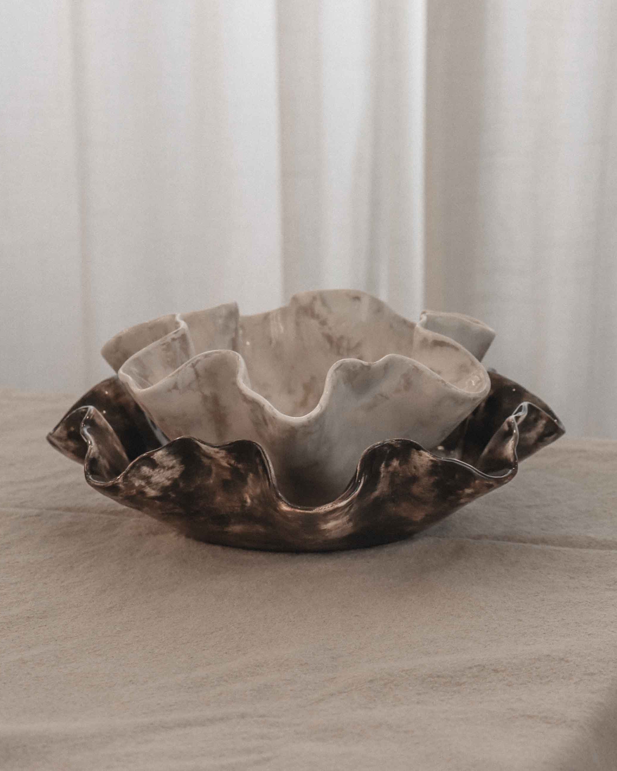 Sculptural Serving Bowl with Irregular Edges in Espresso