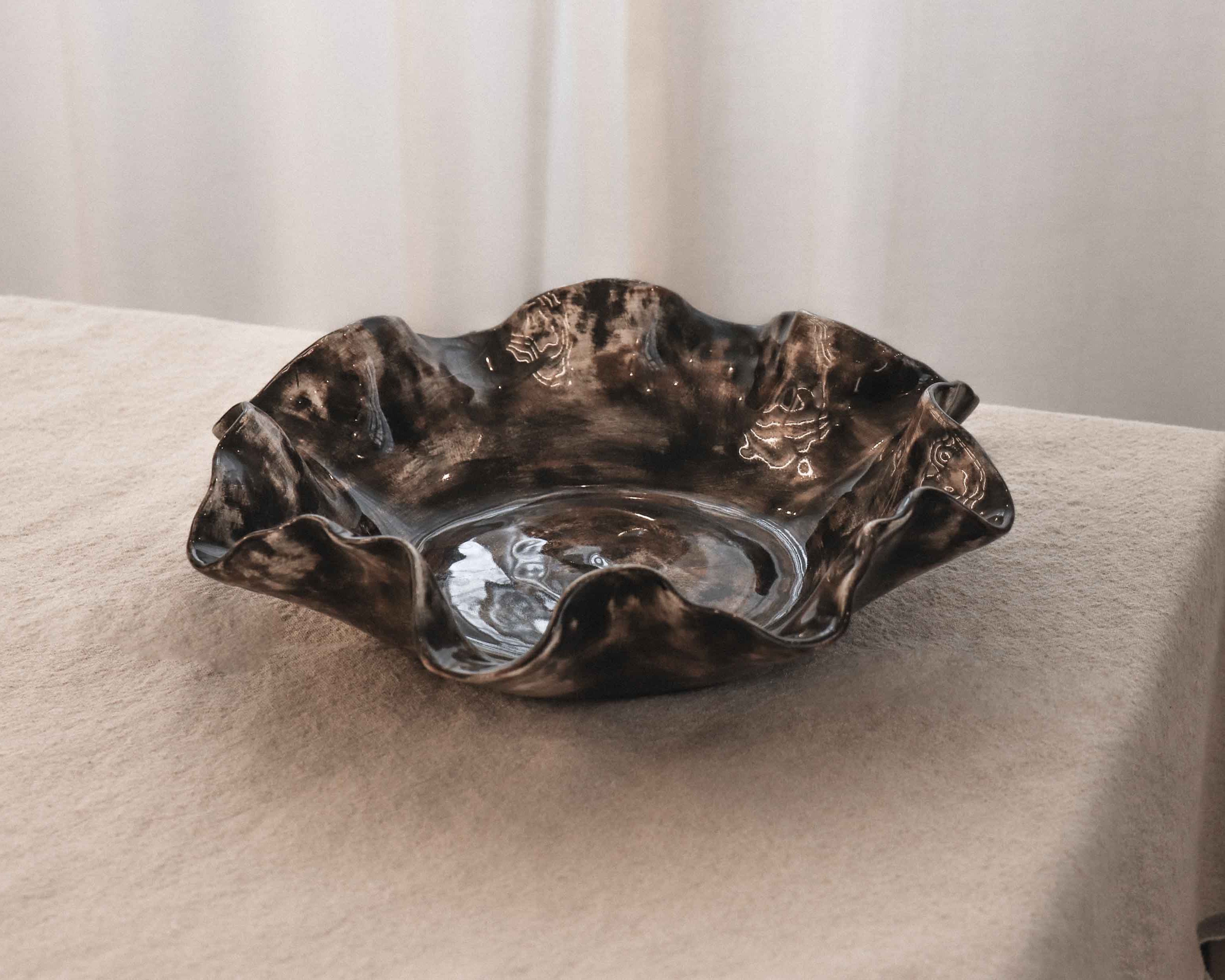Sculptural Serving Bowl with Irregular Edges in Espresso