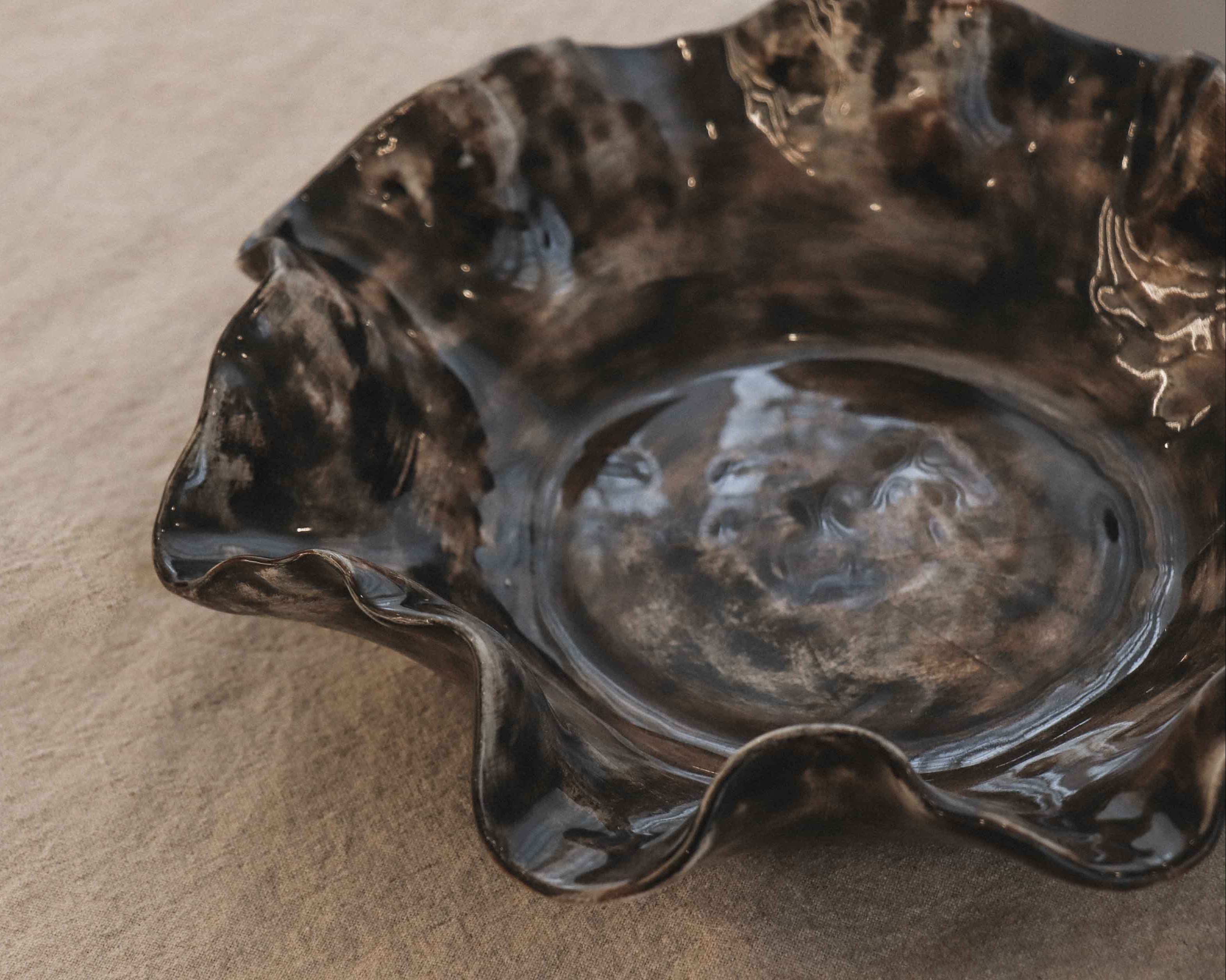 Sculptural Serving Bowl with Irregular Edges in Espresso