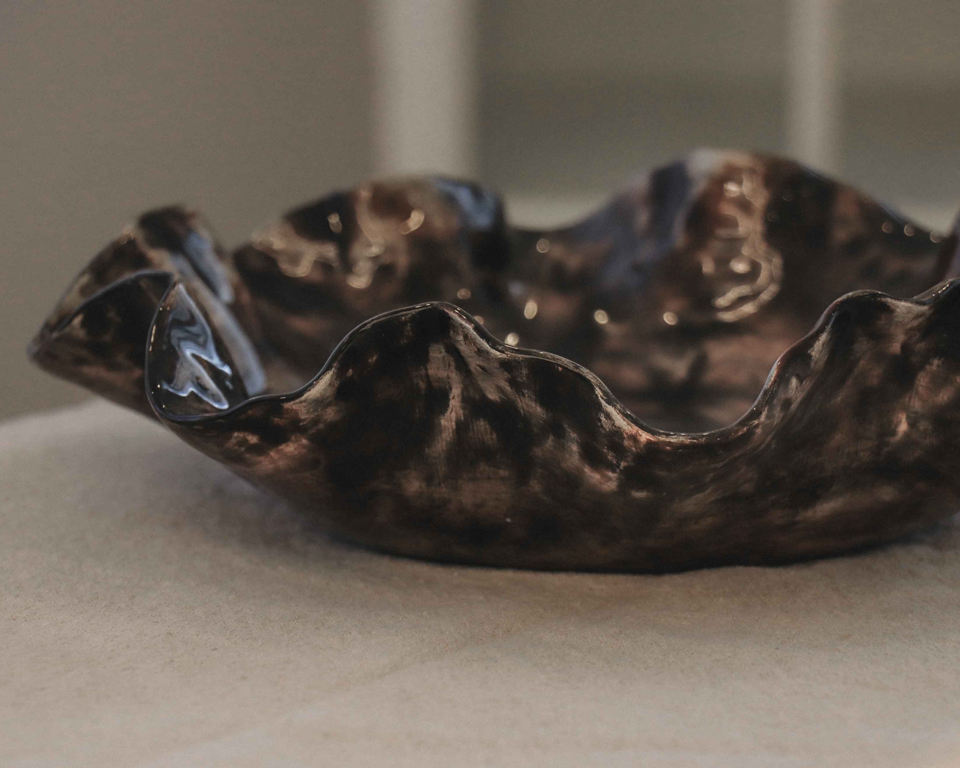 Sculptural Serving Bowl with Irregular Edges in Espresso