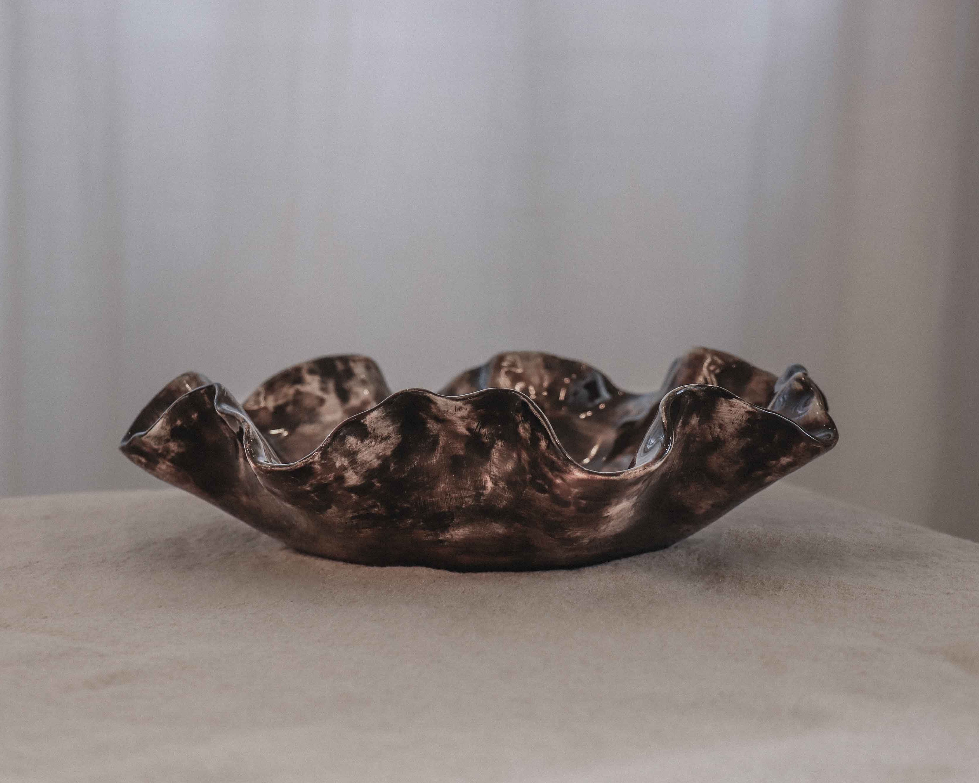Sculptural Serving Bowl with Irregular Edges in Espresso